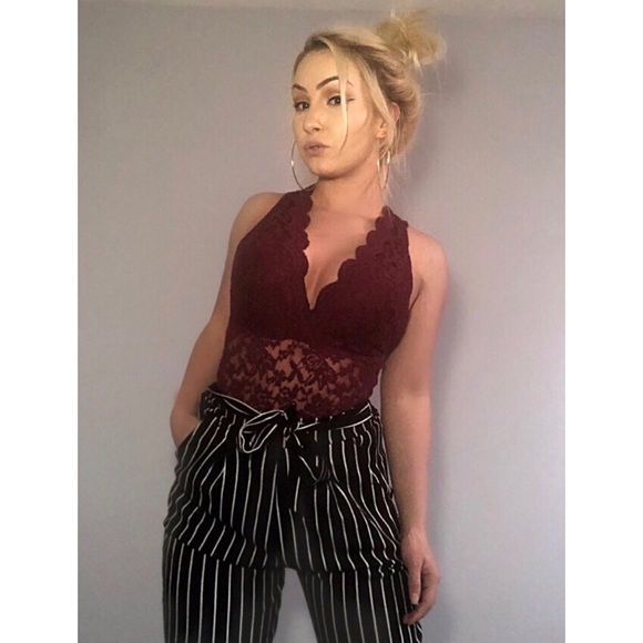 BURGUNDY LACE PLUNGE BODYSUIT - Picture 3 of 6